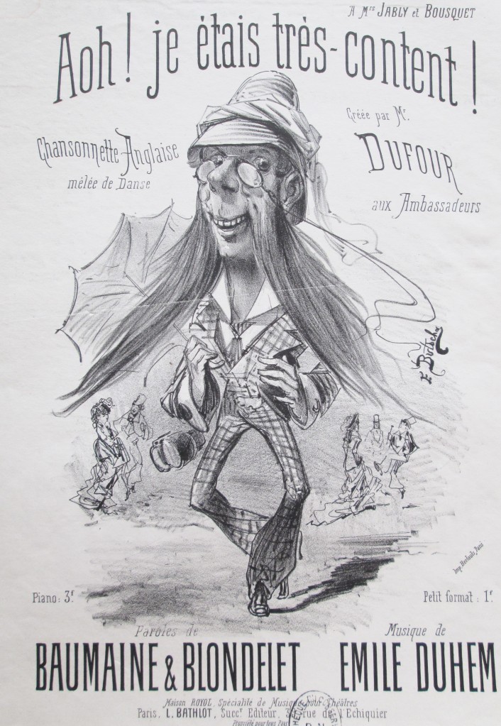 Sheet music cover image of an unattractive Englishman dancing a jig, with absurdly long sideburns, pince-nez, tweed suit, and umbrella. 